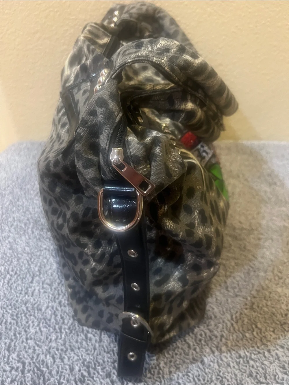 Tattoo Inspired Leopard Print Satchel with Colorful Heart Graphic - Gray
